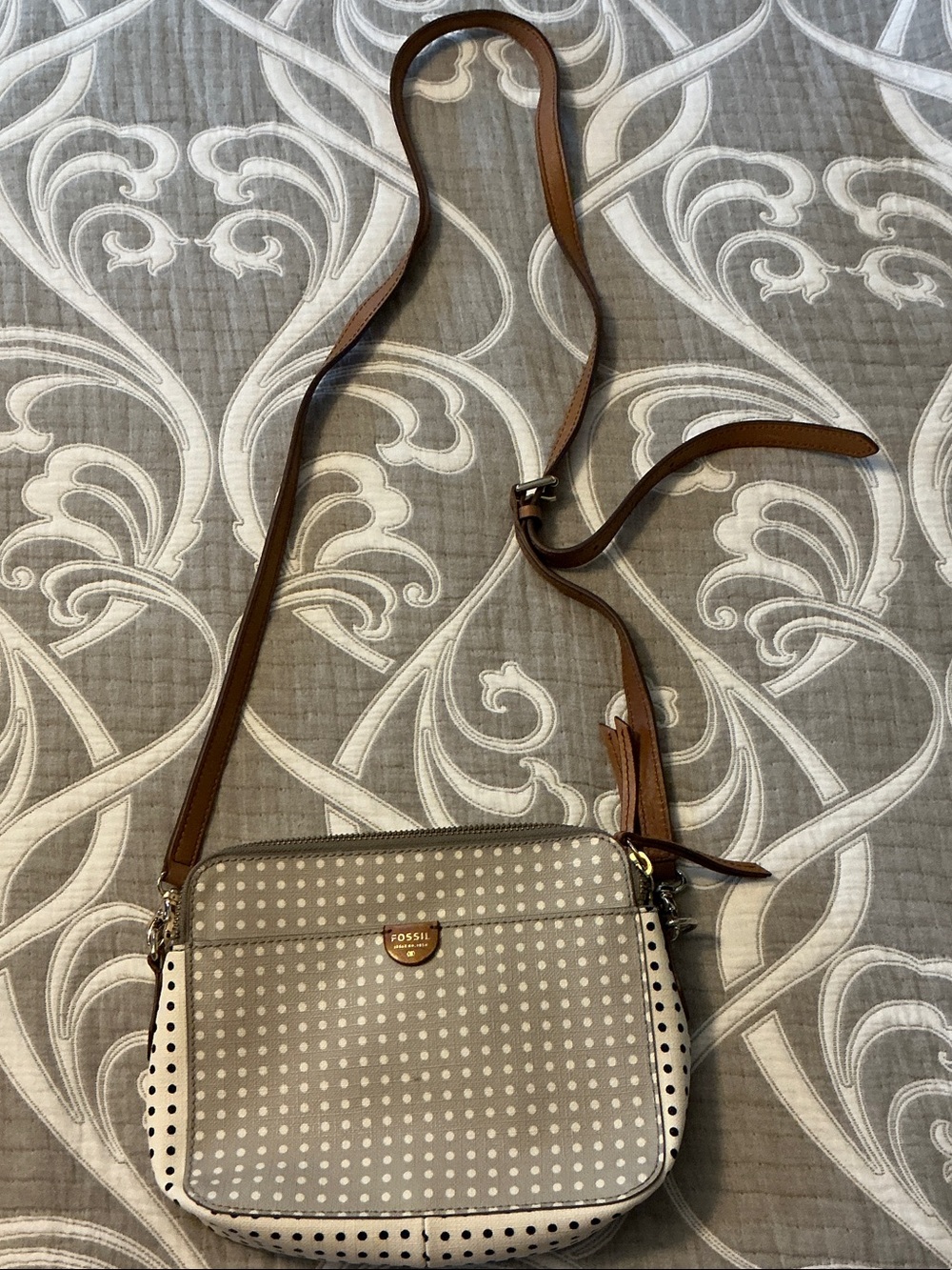 Fossil Gray & Cream Polka Dot Crossbody Bag